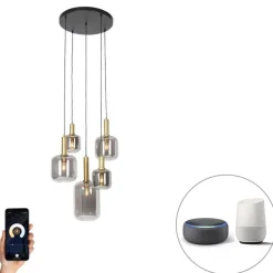 Smart hanglamp zwart met goud met smoke glas incl. 5 Wifi A60 - Zuzanna