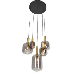 Smart hanglamp zwart met goud met smoke glas incl. 5 Wifi A60 - Zuzanna