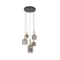 Smart hanglamp zwart met goud met smoke glas incl. 5 Wifi A60 - Zuzanna