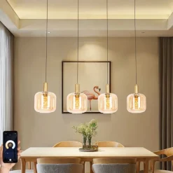 Smart hanglamp zwart met messing en amber glas 4-lichts incl. 4 Wifi G95 - Zuzanna