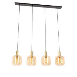 Smart hanglamp zwart met messing en amber glas 4-lichts incl. 4 Wifi G95 - Zuzanna