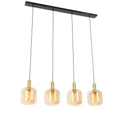 Smart hanglamp zwart met messing en amber glas 4-lichts incl. 4 Wifi G95 - Zuzanna