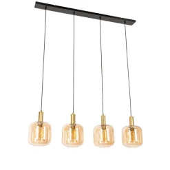Smart hanglamp zwart met messing en amber glas 4-lichts incl. 4 Wifi G95 - Zuzanna