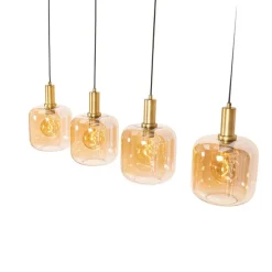 Smart hanglamp zwart met messing en amber glas 4-lichts incl. 4 Wifi G95 - Zuzanna