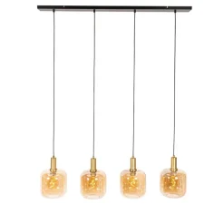 Smart hanglamp zwart met messing en amber glas 4-lichts incl. 4 Wifi G95 - Zuzanna