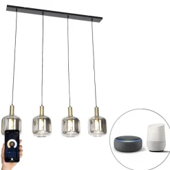 Smart hanglamp zwart met smoke glas 4-lichts incl. Wifi A60 - Zuzanna