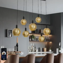 Smart hanglamp zwart met goud glas 7-lichts incl. 7 Wifi A60 - Bert