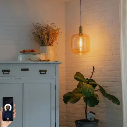 Smart hanglamp zwart met messing en amber glas incl. Wifi G995 - Zuzanna