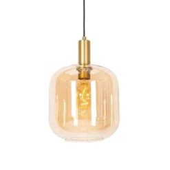 Smart hanglamp zwart met messing en amber glas incl. Wifi G995 - Zuzanna