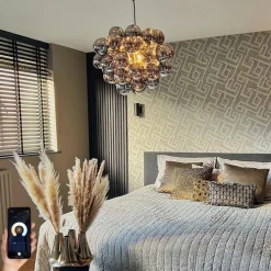 Smart hanglamp zwart met smoke glas 8-lichts rond incl. 8 Wifi G9 - Uvas