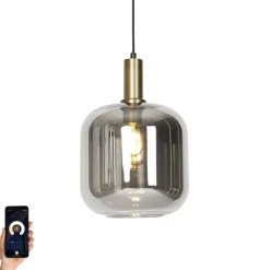Smart hanglamp zwart met goud en smoke glas incl. Wifi A60 - Zuzanna