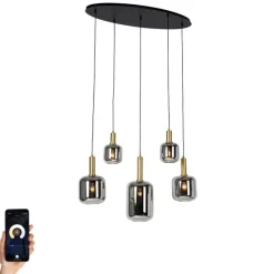 Smart hanglamp zwart met goud en smoke glas ovaal 5-lichts incl. 5 Wifi G95 - Zuzanna