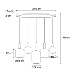 Smart hanglamp zwart met goud en smoke glas ovaal 5-lichts incl. 5 Wifi G95 - Zuzanna