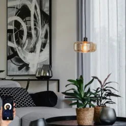 Smart hanglamp zwart met amber glas incl. Wifi A60 - Bizle