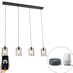 Smart hanglamp zwart met smoke glas incl. 4 Wifi ST64 - Dome
