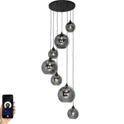 Smart Hanglamp zwart met smoke glas rond 7-lichts incl. 7 Wifi A60 - Sandra