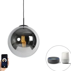 Smart hanglamp zwart met smoke glas 30 cm incl. Wifi ST64 - Pallon