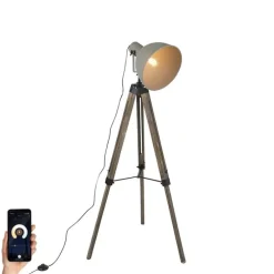 Smart industriële tripod vloerlamp hout met grijs incl. wifi A60 - Laos