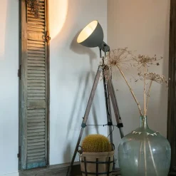 Smart industriële tripod vloerlamp hout met grijs incl. wifi A60 - Laos