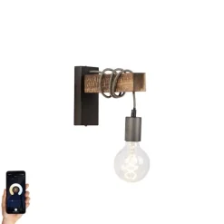Smart industriële wandlamp zwart met hout incl. wifi G95 - Gallow