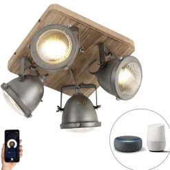 Smart plafondlamp staal met hout incl. 4 WiFi GU10 - Emado