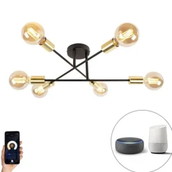 Smart plafondlamp zwart met goud 6-lichts incl. Wifi G95 - Sydney
