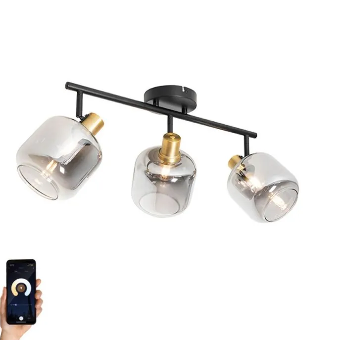 Smart plafondspot zwart met smoke glas langwerpig incl. 3 Wifi P45 - Zuzanna