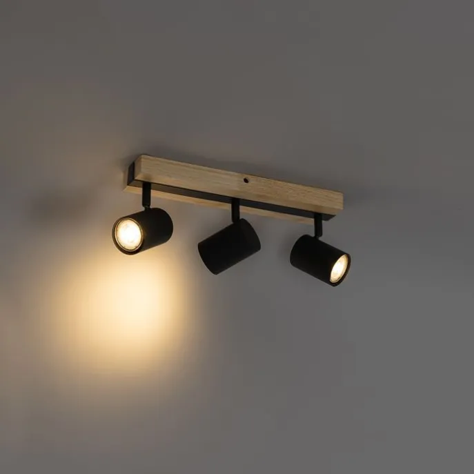 Smart plafondspot zwart met hout 3-lichts draai- en kantelbaar incl. Wifi GU10 50mm - Jeana