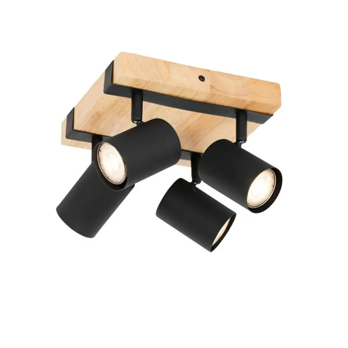 Smart plafondspot zwart met hout 4-lichts draai- en kantelbaar incl. Wifi GU10 50mm - Jeana