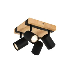 Smart plafondspot zwart met hout 4-lichts draai- en kantelbaar incl. Wifi GU10 50mm - Jeana