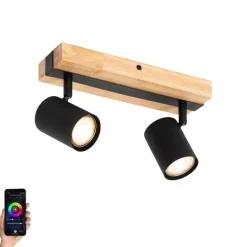 Smart plafondspot zwart met hout 2-lichts draai- en kantelbaar incl. Wifi GU10 50mm - Jeana