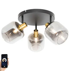 Smart plafondspot zwart met goud met smoke glas incl. 3 Wifi P45 - Zuzanna