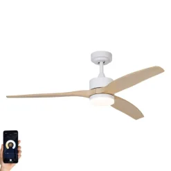 Smart plafondventilator wit met hout print 132cm incl. LED dimbaar met afstandsbediening - Joly