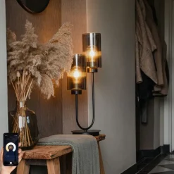 Smart tafellamp zwart met smoke glas 2-lichts incl. 2 Wifi ST64 - Laura