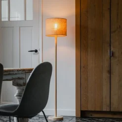 Smart vloerlamp hout met linnen kap naturel 32 cm incl. Wifi A60 - Mels