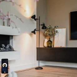 Smart vloerlamp zwart met goud 3-lichts incl. 3 wifi P45- Tommy