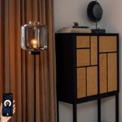 Smart vloerlamp zwart met smoke glas incl. Wifi ST64 - Qara