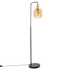 Smart vloerlamp zwart met messing en amber glas incl. Wifi G95 - Zuzanna