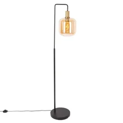 Smart vloerlamp zwart met messing en amber glas incl. Wifi G95 - Zuzanna