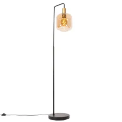 Smart vloerlamp zwart met messing en amber glas incl. Wifi G95 - Zuzanna