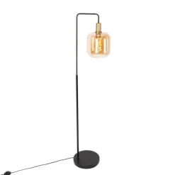 Smart vloerlamp zwart met messing en amber glas incl. Wifi G95 - Zuzanna
