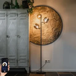 Smart Vloerlamp zwart met goud met smoke glas 3-lichts incl. 3 Wifi P45 - Zuzanna