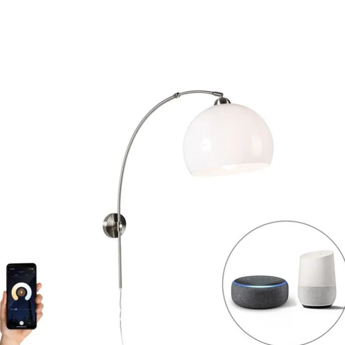 Smart wandbooglamp staal met witte kap incl. Wifi A60 - Bow