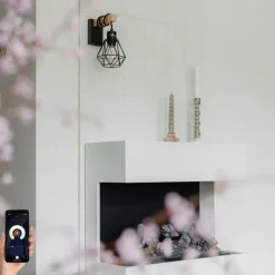 Smart wandlamp zwart met hout incl. Wifi A60 - Chon