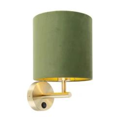 Strakke wandlamp goud met groene velours kap - Matt