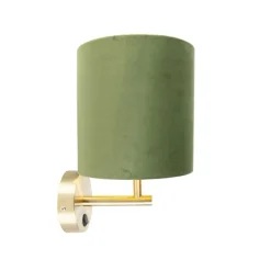 Strakke wandlamp goud met groene velours kap - Matt