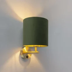 Strakke wandlamp goud met groene velours kap - Matt