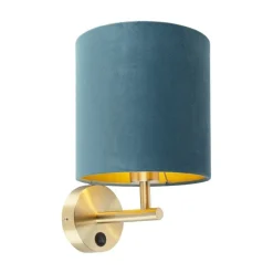 Strakke wandlamp goud met blauwe velours kap - Matt