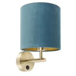 Strakke wandlamp goud met blauwe velours kap - Matt
