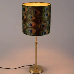 Tafellamp goud/messing met velours kap pauw 25 cm - Parte